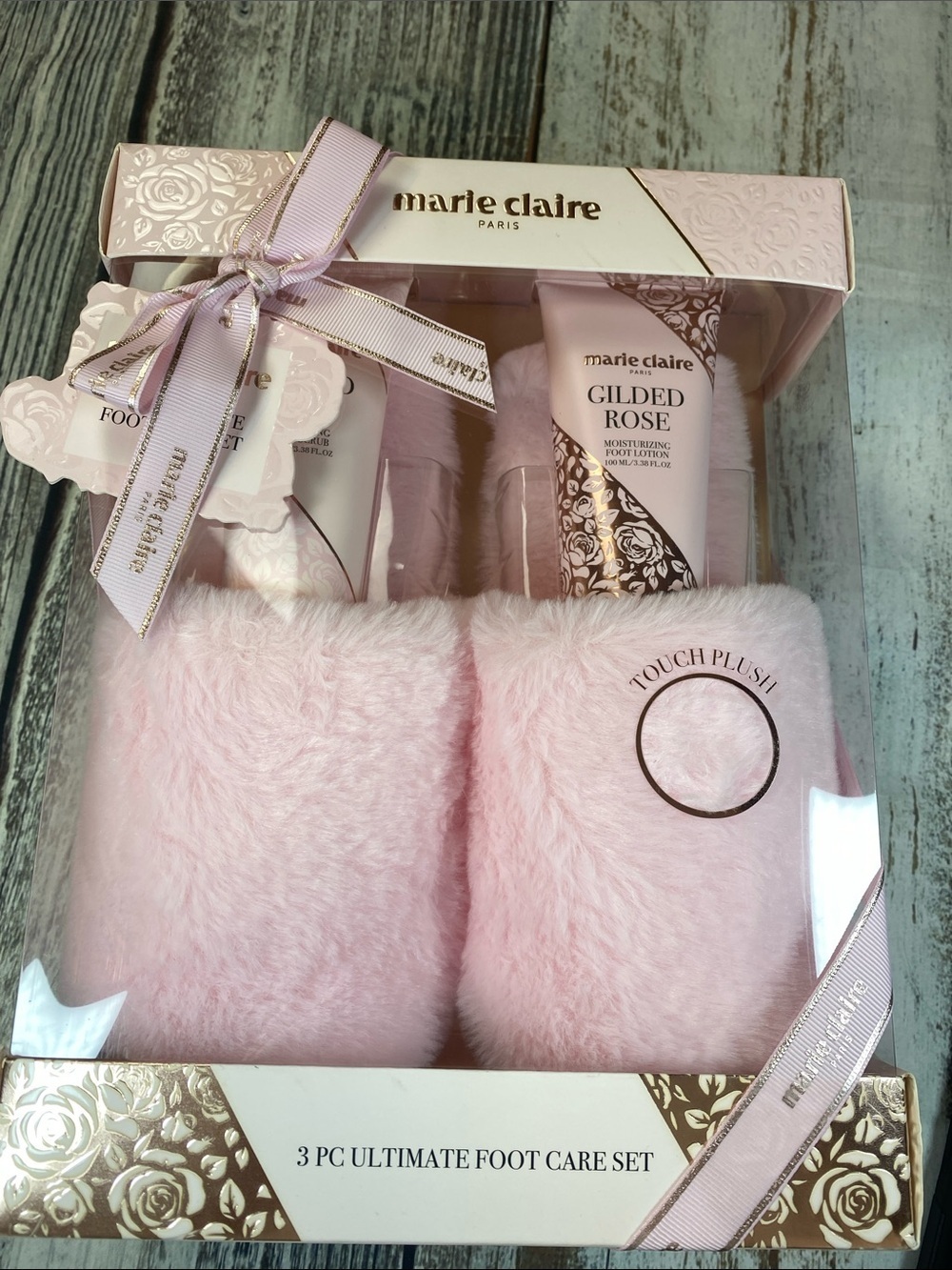 Marie Claire Gilded Rose 3 Pc Ultimate Foot Care Set w/ Plush Slippers NIB